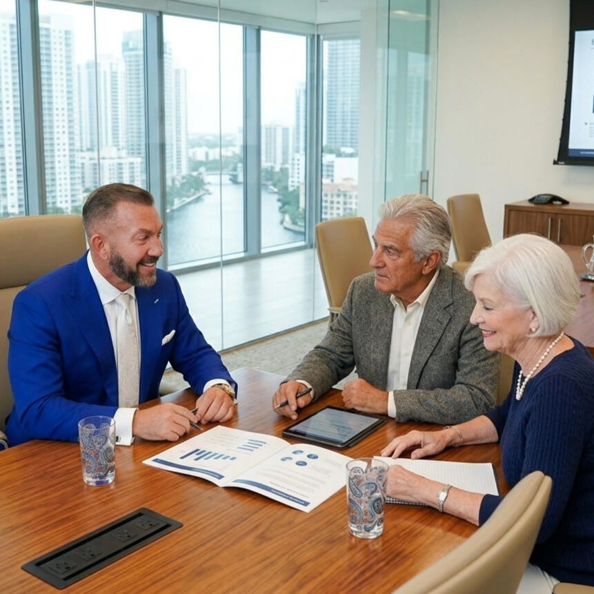 Dustin Stanley, financial advisor, meeting with a couple in Sarasota, Florida Dustin Stanley, financial advisor, meeting with a couple in Sarasota, Florida